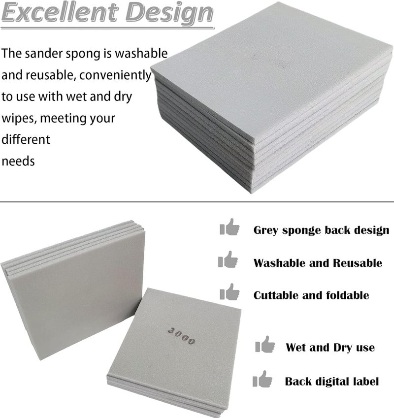 SACKORANGE 10 PCS 3000 Grit 4.5 x 5.5 Inch Sanding Sponge Set, Wet or Dry Hand Sanding Sponges Sheet, Flexible Soft Foam Sand Block for Drywall, Corner Contour, Metal Wood - Image 4